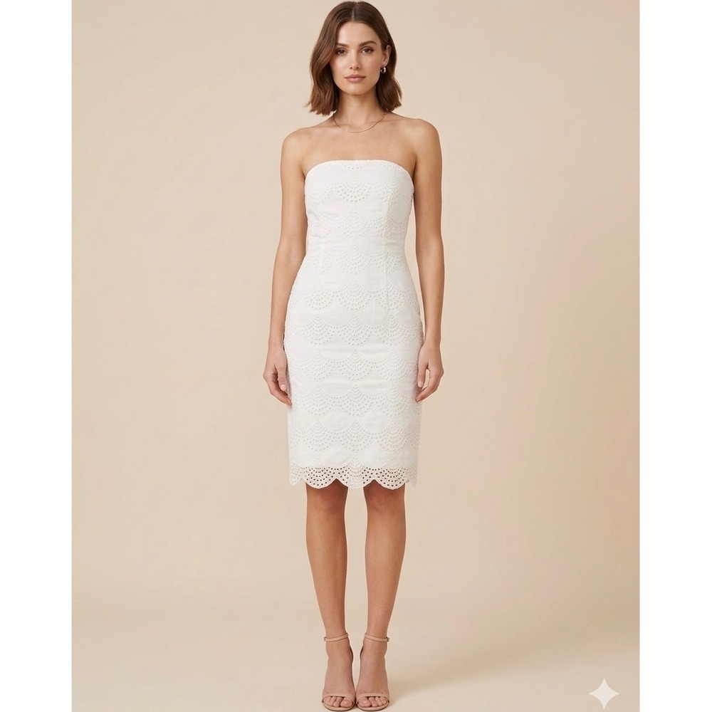 Kay Unger Strapless Silk Sheath Dress Womens 4 Cream Embroidered Scallop Eyelet